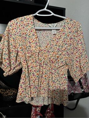 Billabong Cream Floral V-Neck Peasant Top with Multicolor Blossoms